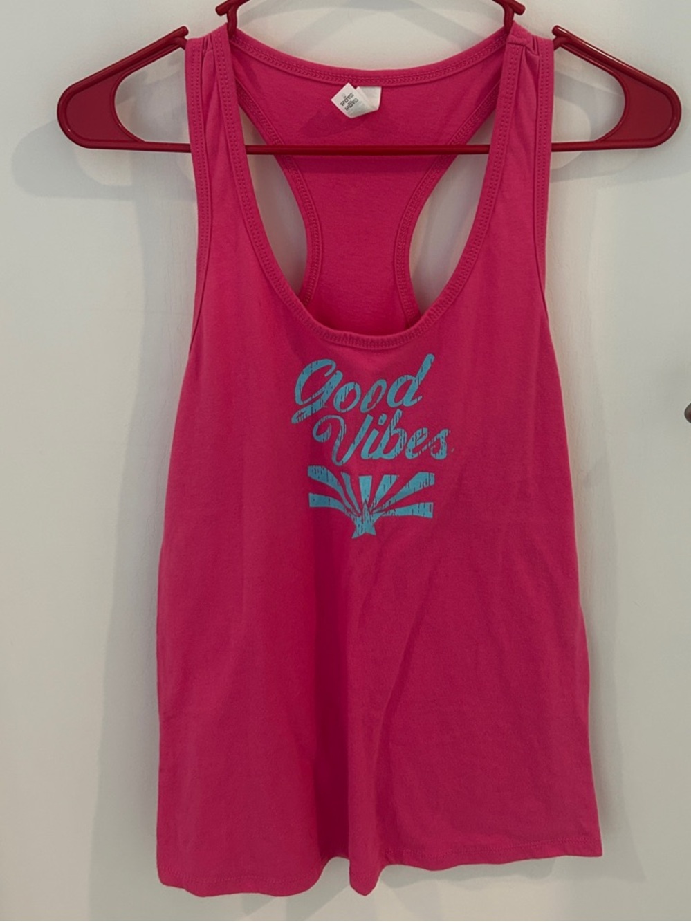 Next Level Apparel Pink Tank Top with Blue Graphic